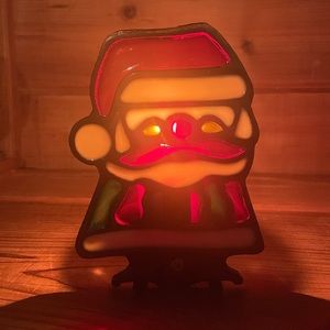 Vintage Tiffany Style Santa Claus Tea Light Candle Holder Stained Glass w/Box!